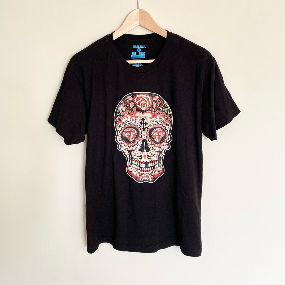 Mare Blue Tattoo Skull Day of the Dead Graphic Black T Shirt Men’s size Large
